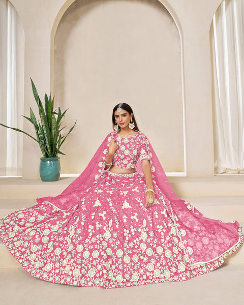 Pink Crushed Organza Unstitched Thread Sequins Work Women Lehenga Choli