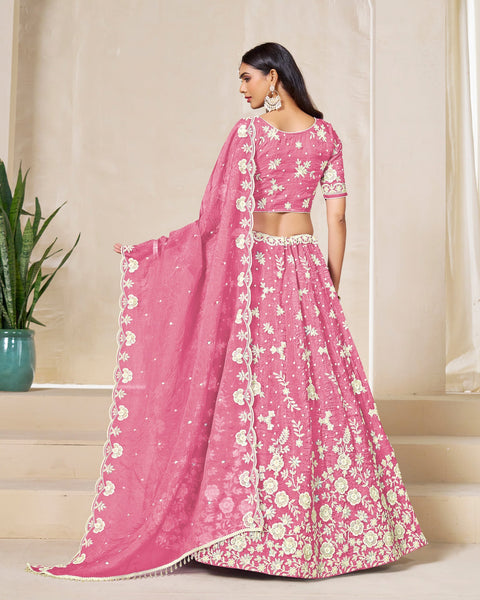 Pink Crushed Organza Unstitched Thread Sequins Work Women Lehenga Choli