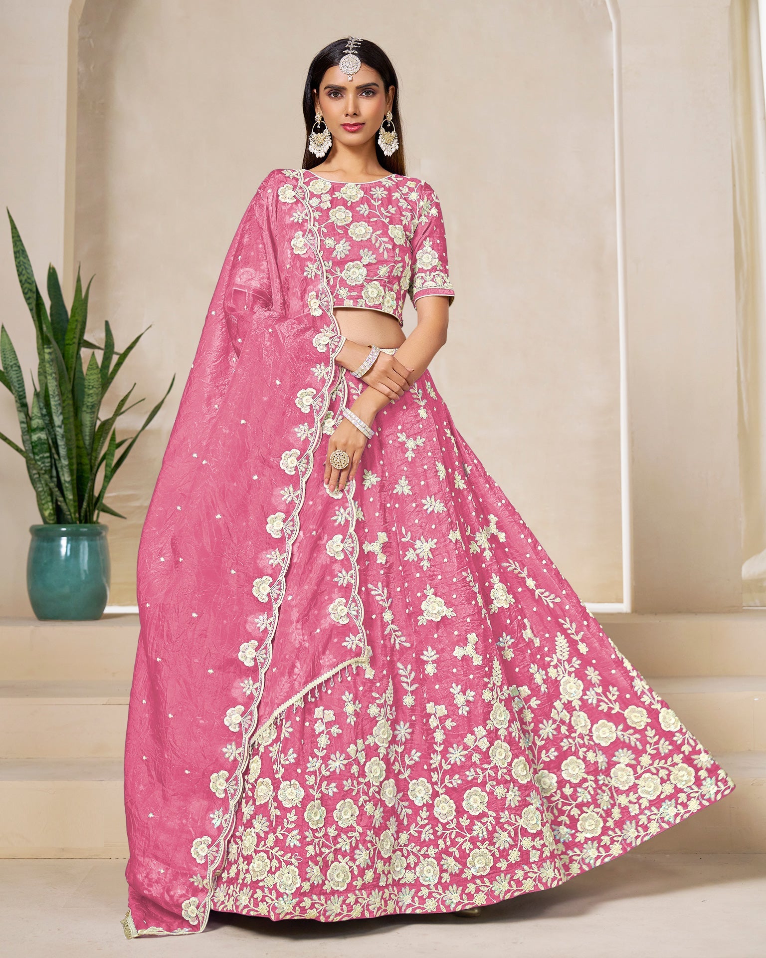 Pink Crushed Organza Unstitched Thread Sequins Work Women Lehenga Choli