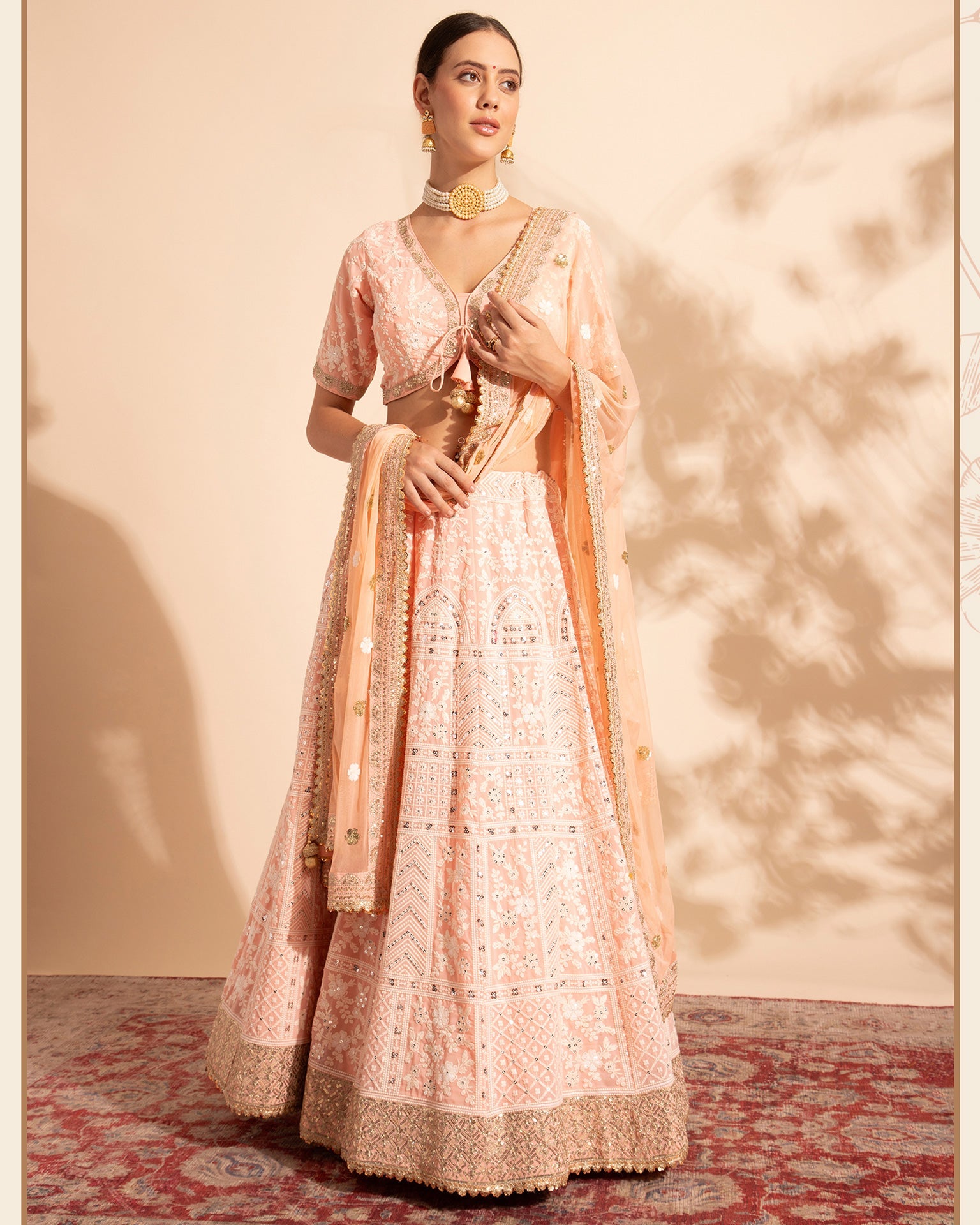 Peach Sequins & Thread Work Lehenga Choli With Net Dupatta