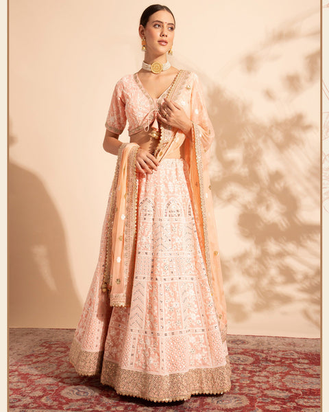 Peach Sequins & Thread Work Lehenga Choli With Net Dupatta