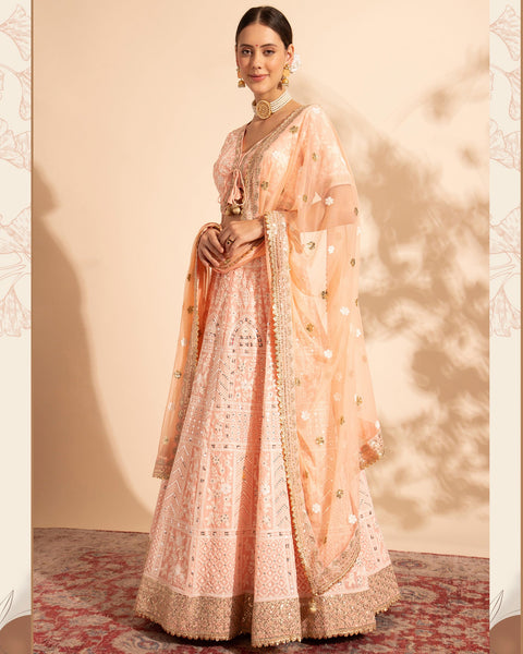 Peach Sequins & Thread Work Lehenga Choli With Net Dupatta