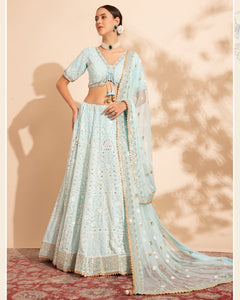 Sky Blue Sequins & Thread Work Lehenga Choli With Net Dupatta