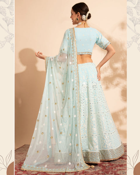 Sky Blue Sequins & Thread Work Lehenga Choli With Net Dupatta