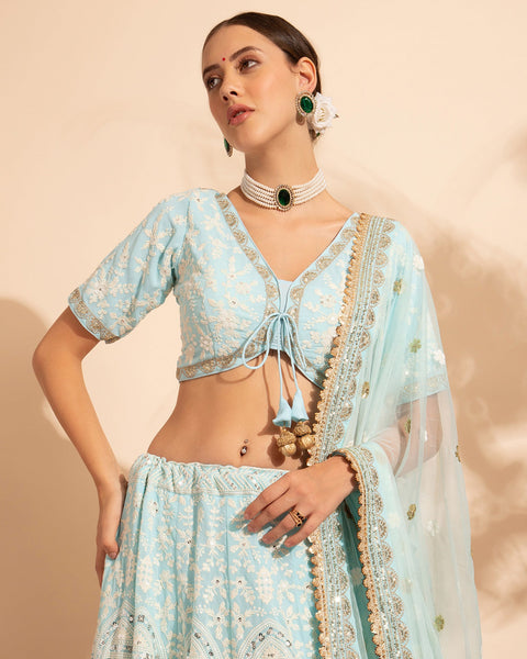 Sky Blue Sequins & Thread Work Lehenga Choli With Net Dupatta