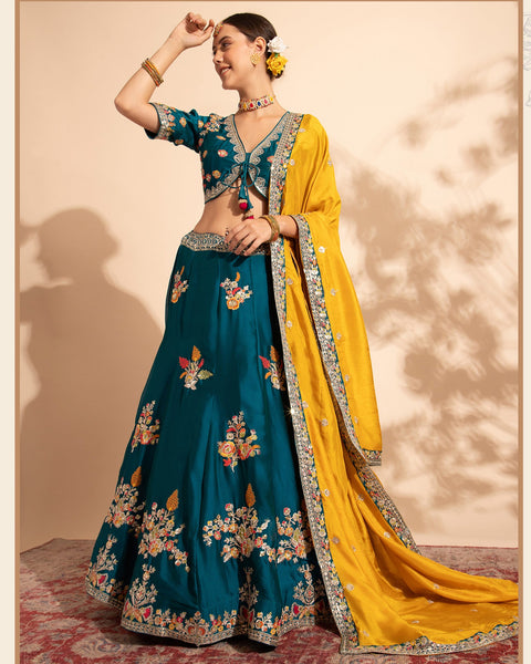 Rama Green Sequins & Thread Work Lehenga Choli With Chinnon Yellow Dupatta