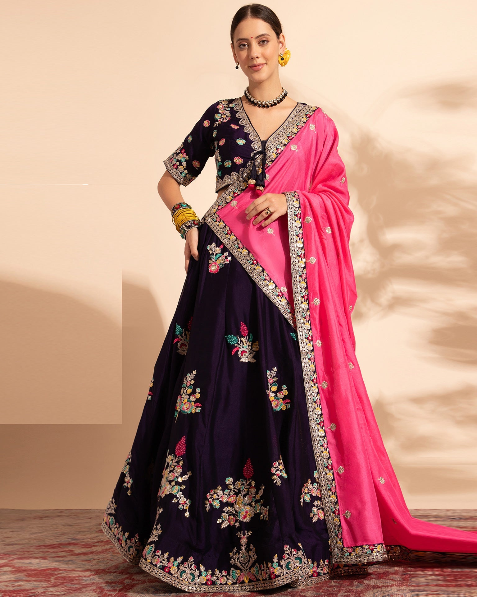 Purple Sequins & Thread Work Lehenga Choli With Chinnon Pink Dupatta