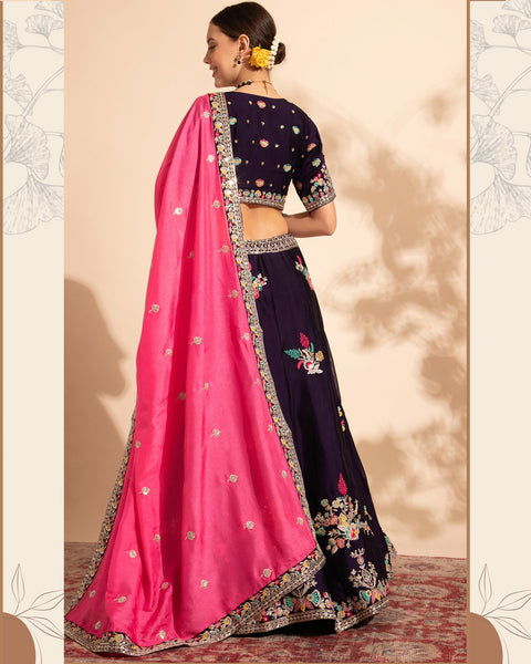 Purple Sequins & Thread Work Lehenga Choli With Chinnon Pink Dupatta