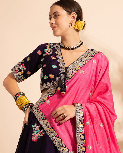 Purple Sequins & Thread Work Lehenga Choli With Chinnon Pink Dupatta