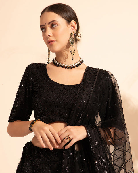 Black Net Beads & Sequins Work Lehenga Choli With Net Dupatta