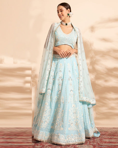 Sky Blue Sequins & Thread Work Lehenga Choli With Net Dupatta