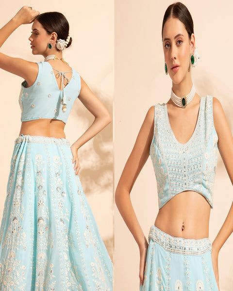 Sky Blue Sequins & Thread Work Lehenga Choli With Net Dupatta