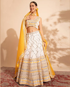 Off White Sequins & Thread Work Lehenga Choli With Yellow Sequins Dupatta