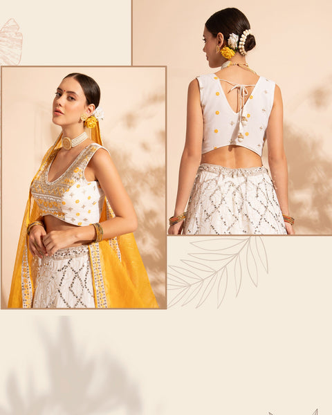 Off White Sequins & Thread Work Lehenga Choli With Yellow Sequins Dupatta