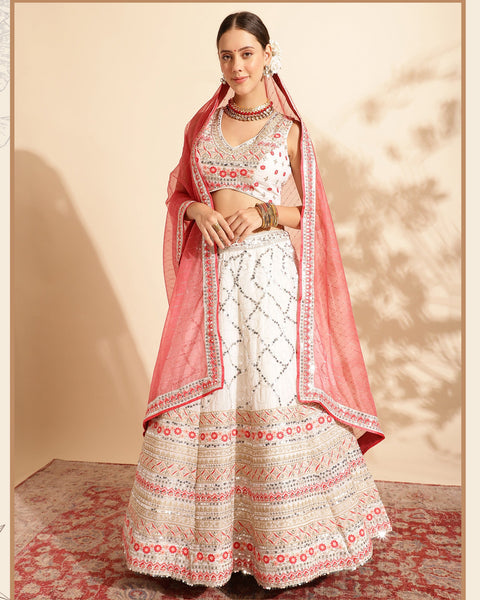 Off White Sequins & Thread Work Lehenga Choli With Pink Sequins Dupatta