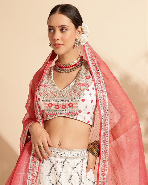 Off White Sequins & Thread Work Lehenga Choli With Pink Sequins Dupatta