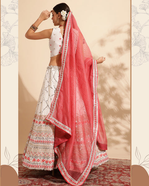 Off White Sequins & Thread Work Lehenga Choli With Pink Sequins Dupatta