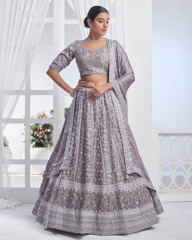 Grey Lehenga In Chiffon With Sequins & Thread Work With Embroidered Chiffon Dupatta