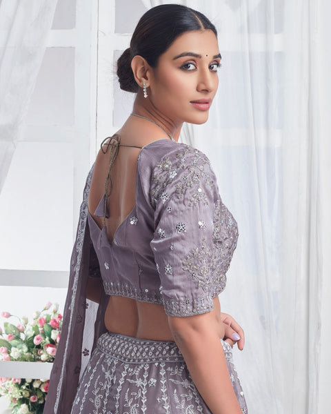 Grey Lehenga In Chiffon With Sequins & Thread Work With Embroidered Chiffon Dupatta