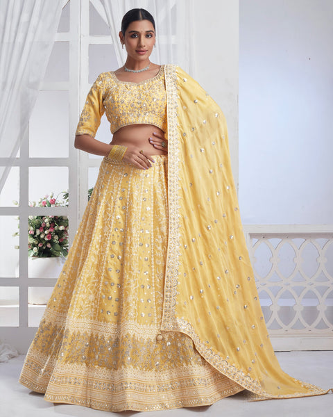 Yellow Lehenga In Chiffon With Sequins & Thread Work With Embroidered Chiffon Dupatta