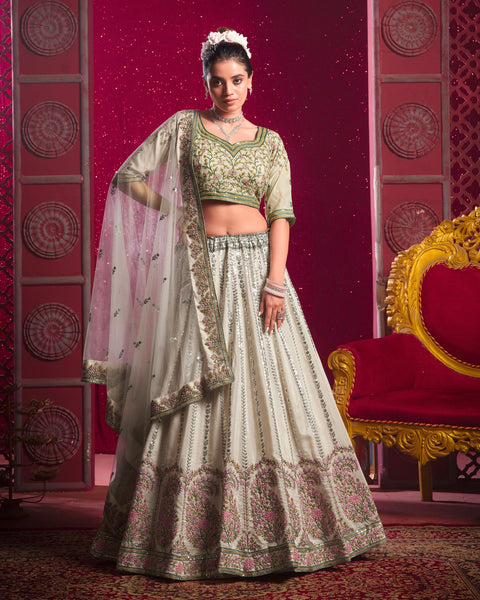 Cream Venila Shine Silk Thread Sequins Work Wedding Wear Women Customized Lehenga Choli