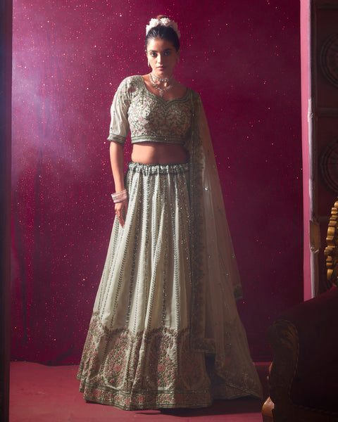 Cream Venila Shine Silk Thread Sequins Work Wedding Wear Women Customized Lehenga Choli