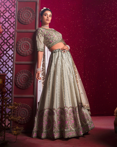 Cream Venila Shine Silk Thread Sequins Work Wedding Wear Women Customized Lehenga Choli