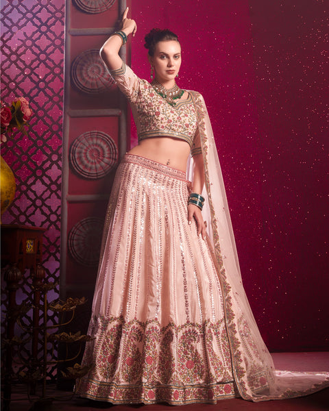 Peach Venila Shine Silk Thread Sequins Work Wedding Wear Women Customized Lehenga Choli