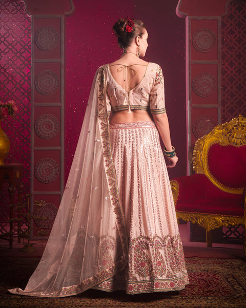 Peach Venila Shine Silk Thread Sequins Work Wedding Wear Women Customized Lehenga Choli