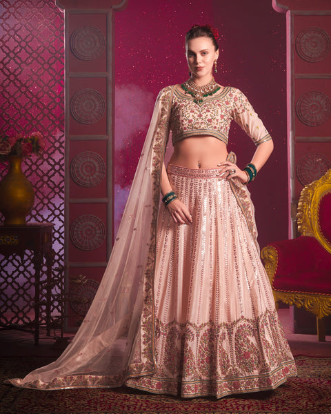 Peach Venila Shine Silk Thread Sequins Work Wedding Wear Women Customized Lehenga Choli