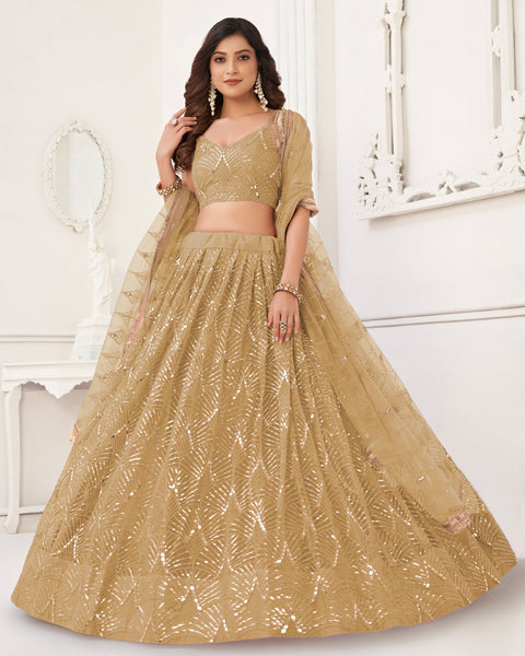 Beige Gold Mirror & Sequins Work Net Women Customized Lehenga Choli With Embroidered Dupatta