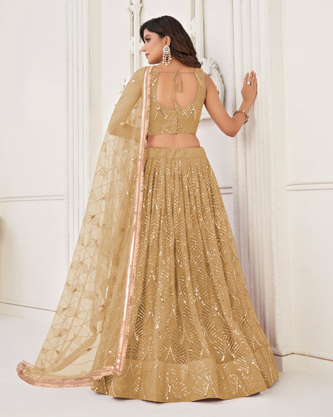 Beige Gold Mirror & Sequins Work Net Women Customized Lehenga Choli With Embroidered Dupatta