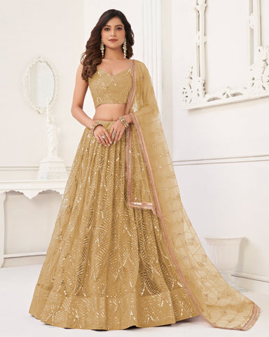 Beige Gold Mirror & Sequins Work Net Women Customized Lehenga Choli With Embroidered Dupatta