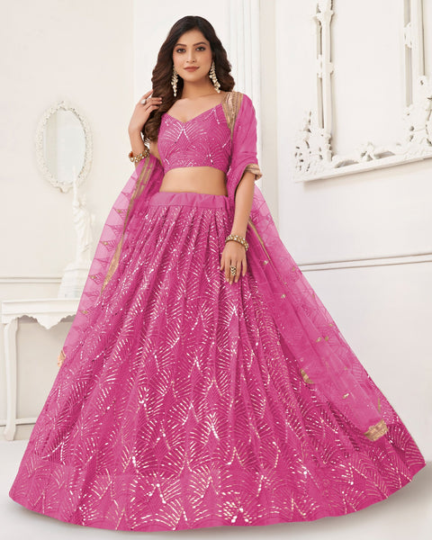 Pink Mirror & Sequins Work Net Women Customized Lehenga Choli With Embroidered Dupatta