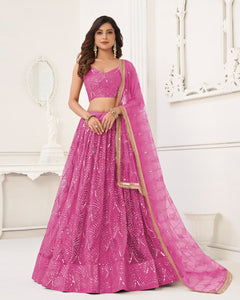 Pink Mirror & Sequins Work Net Women Customized Lehenga Choli With Embroidered Dupatta