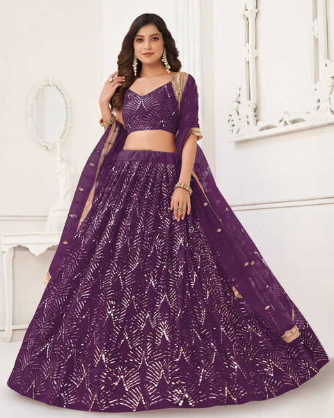 Purple Mirror & Sequins Work Net Women Customized Lehenga Choli With Embroidered Dupatta