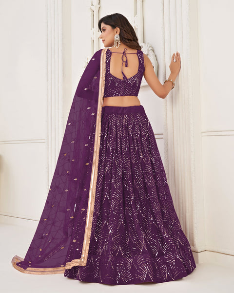 Purple Mirror & Sequins Work Net Women Customized Lehenga Choli With Embroidered Dupatta