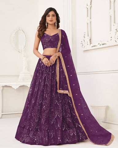 Purple Mirror & Sequins Work Net Women Customized Lehenga Choli With Embroidered Dupatta