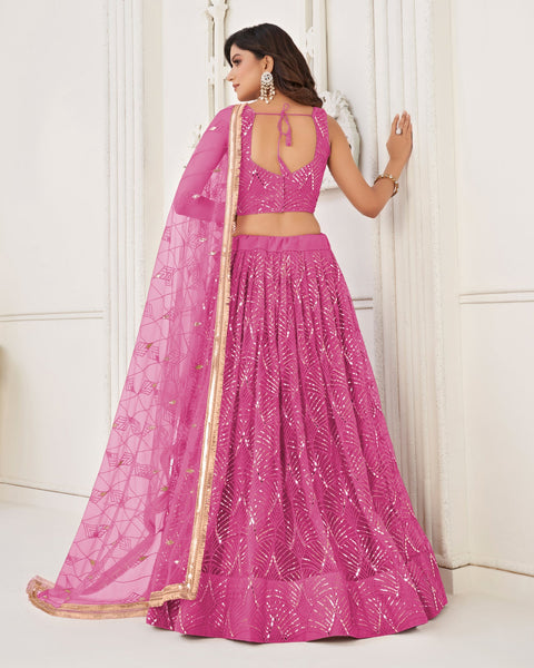 Pink Mirror & Sequins Work Net Women Customized Lehenga Choli With Embroidered Dupatta