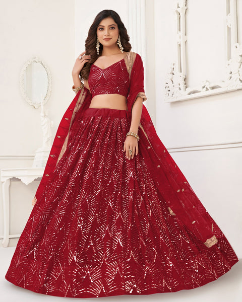 Maroon Mirror & Sequins Work Net Women Customized Lehenga Choli With Embroidered Dupatta