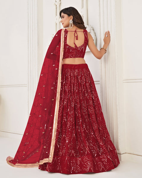 Maroon Mirror & Sequins Work Net Women Customized Lehenga Choli With Embroidered Dupatta