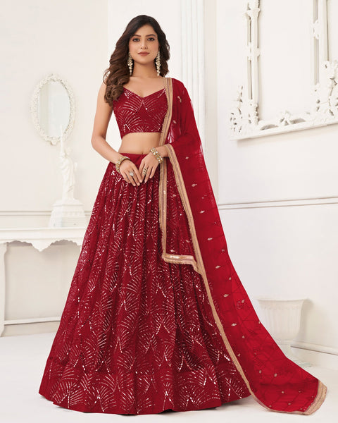 Maroon Mirror & Sequins Work Net Women Customized Lehenga Choli With Embroidered Dupatta