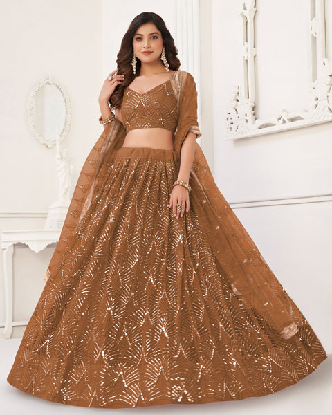 Brown Mirror & Sequins Work Net Women Customized Lehenga Choli With Embroidered Dupatta