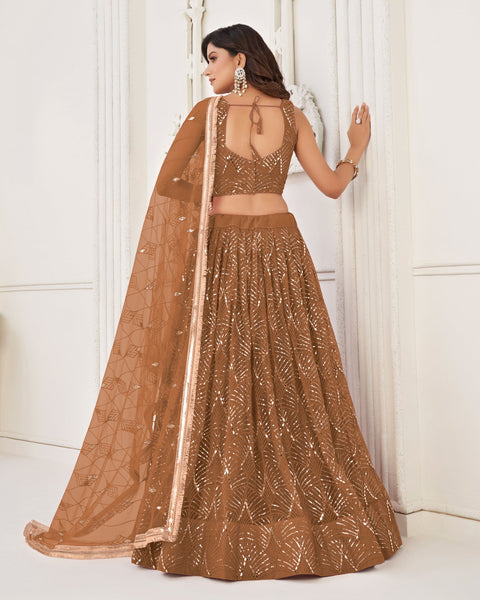 Brown Mirror & Sequins Work Net Women Customized Lehenga Choli With Embroidered Dupatta