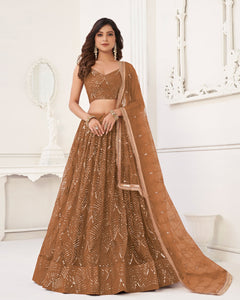 Brown Mirror & Sequins Work Net Women Customized Lehenga Choli With Embroidered Dupatta