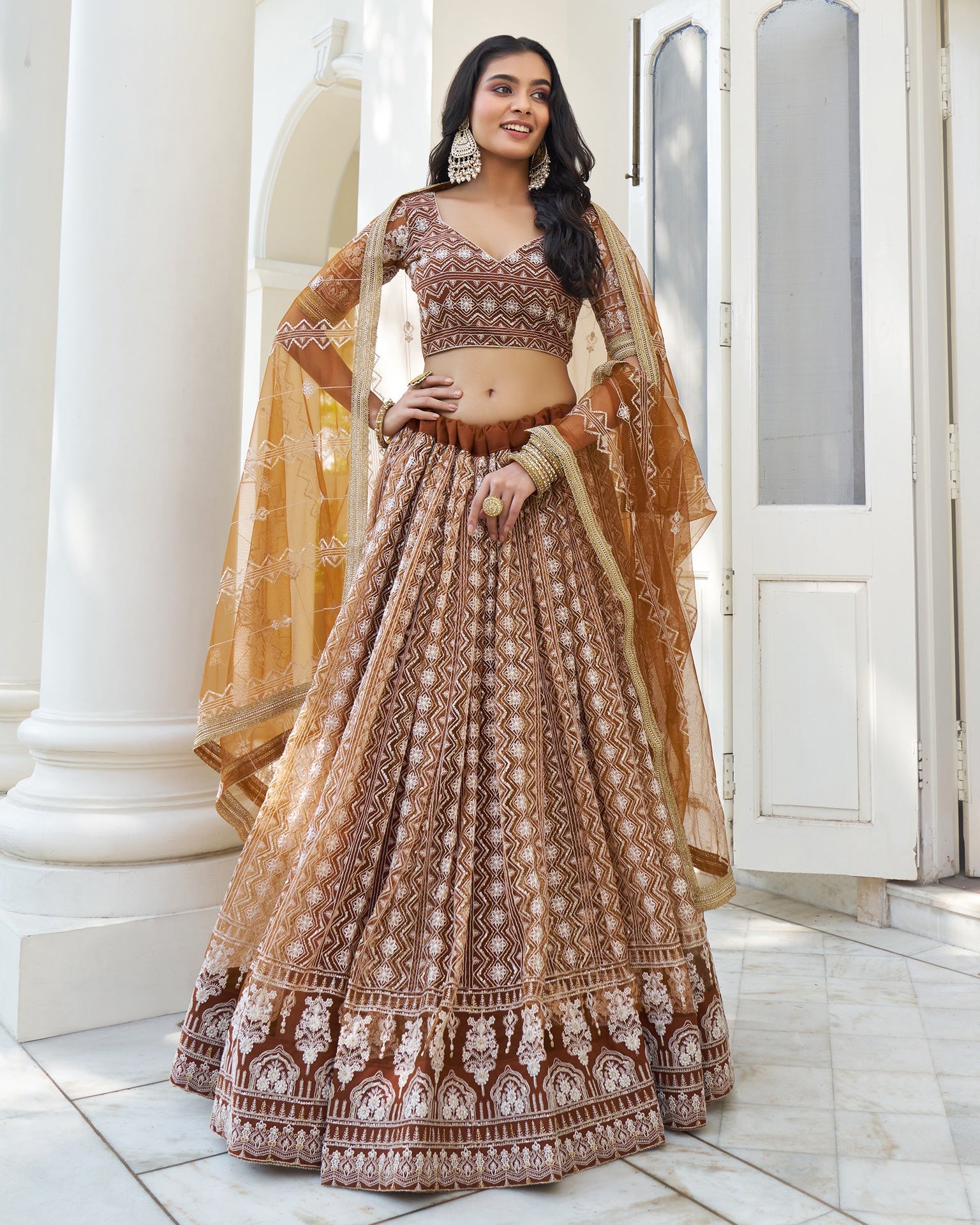 Butterfly Net Brown Thread Work Lehenga Choli With Net Dupatta