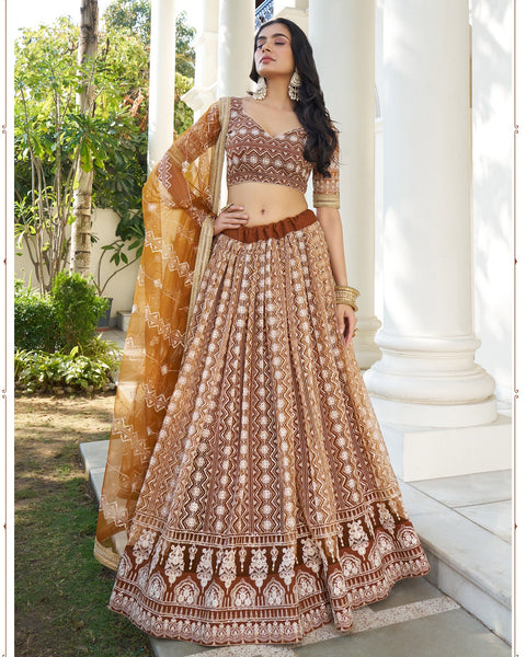 Butterfly Net Brown Thread Work Lehenga Choli With Net Dupatta