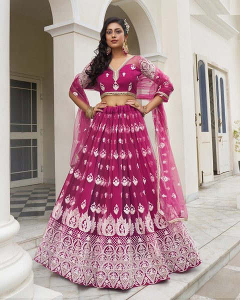 Butterfly Net Dark Pink Thread Work Lehenga Choli With Net Dupatta