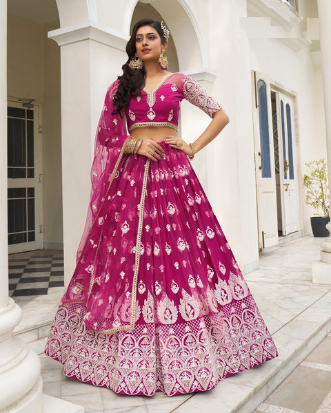 Butterfly Net Dark Pink Thread Work Lehenga Choli With Net Dupatta