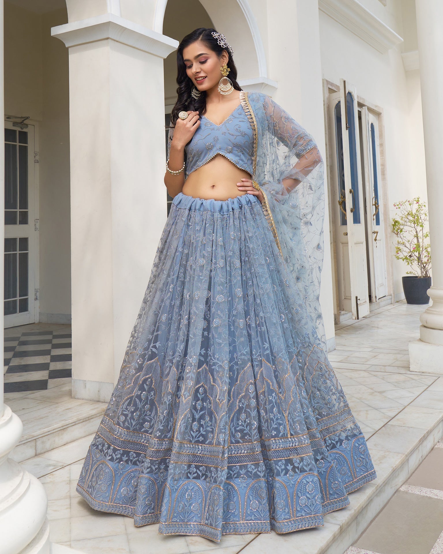 Butterfly Net Light Blue Thread Work Lehenga Choli With Net Dupatta